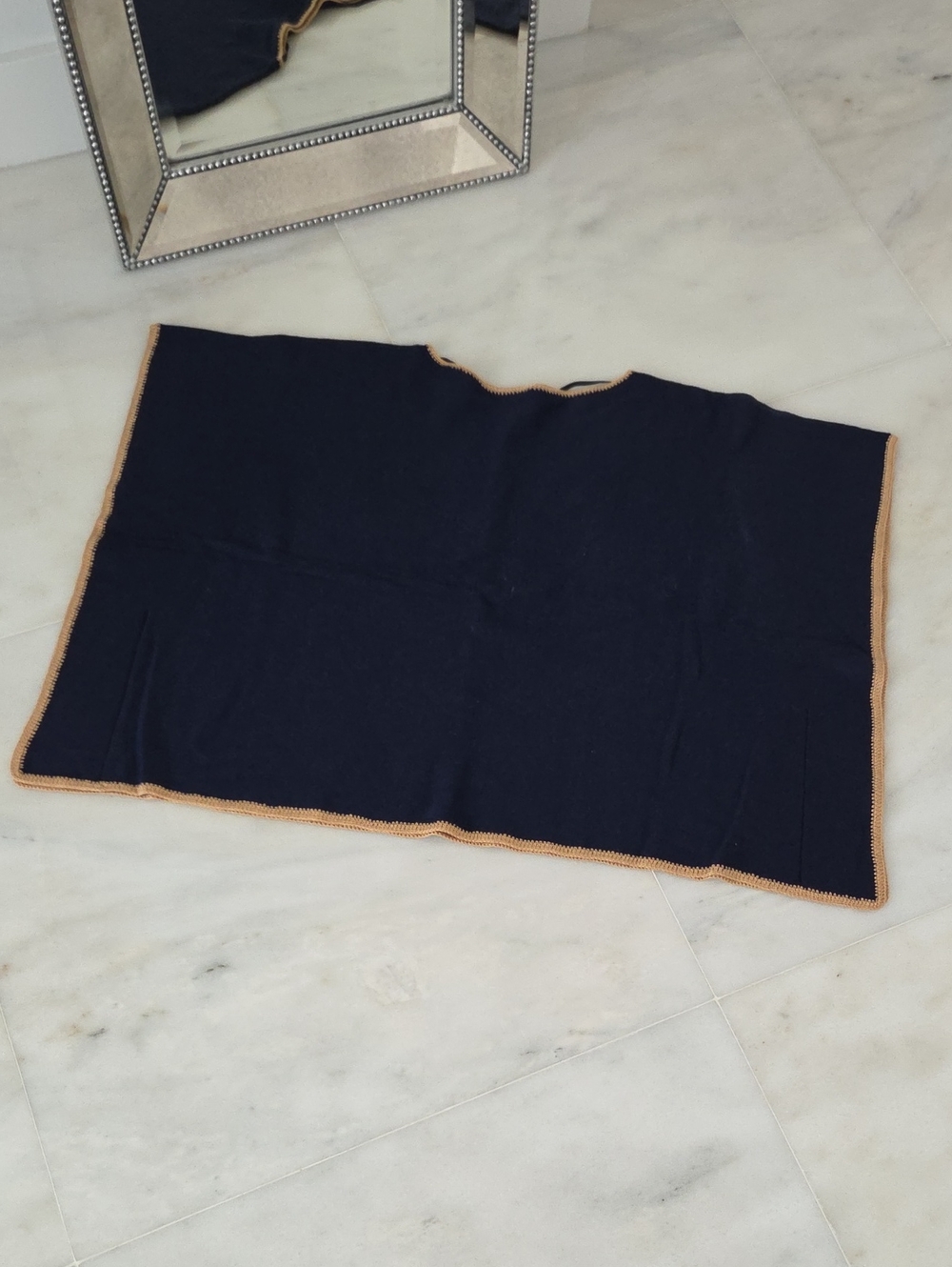 Navy Knit Women's Poncho / Sweater with Tan Trim  EXCELLENT CONDITION!!